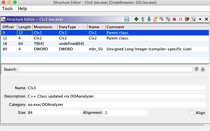Screenshot of Ghidra structure editor for OOAnalyzer-recovered C++ class.