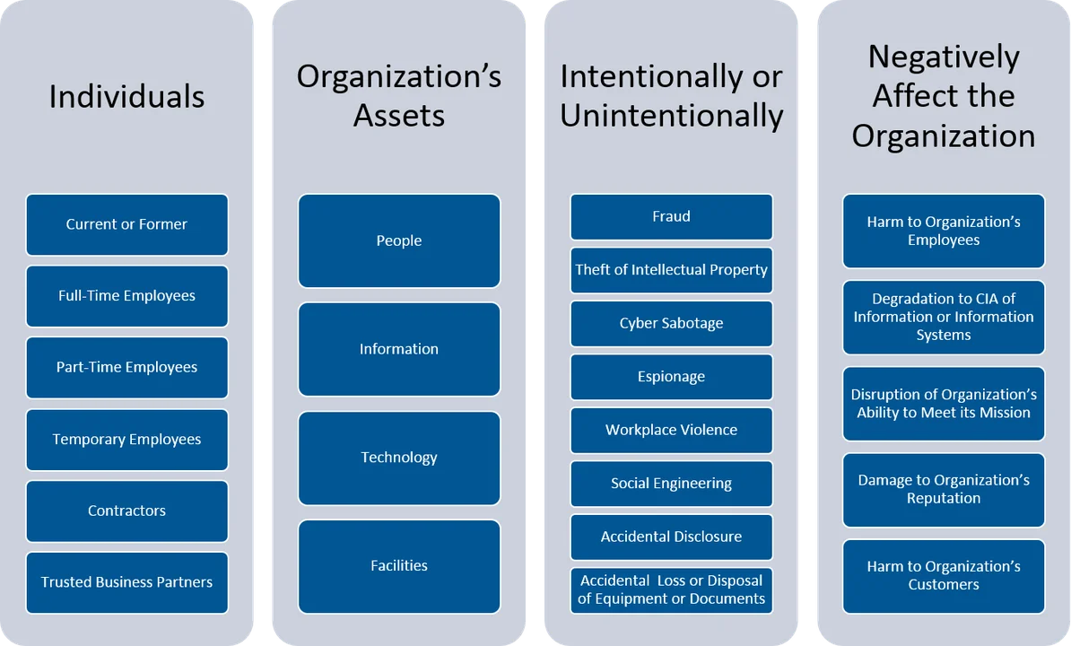 Diagram defining specific insider threats within the generalized categories Individuals, Organization's Assets, Intentionally or Unintentionally, Negatively Affect the Organization.