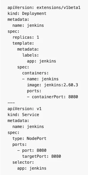 Eample of the deployment/service definition for a Jenkins CI deployment.