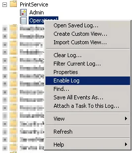 Windows OS screenshot highlighting "Enable Log".
