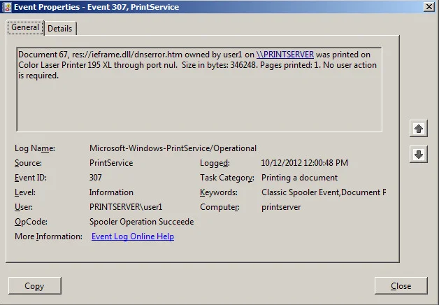 Windows OS screenshot of Event Properties.