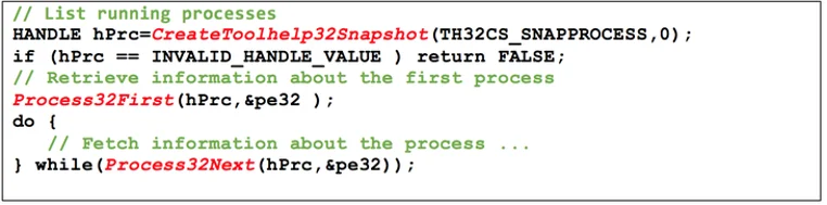 Figure 3: Source code to iterate through running processes using API calls to Windows Tool Help Functions.