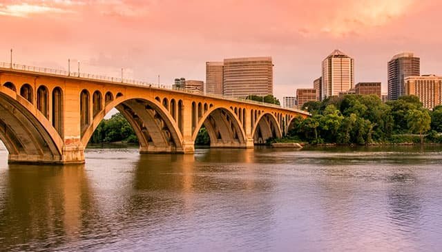 Riverfront photo of Arlington, Virginia at sunset