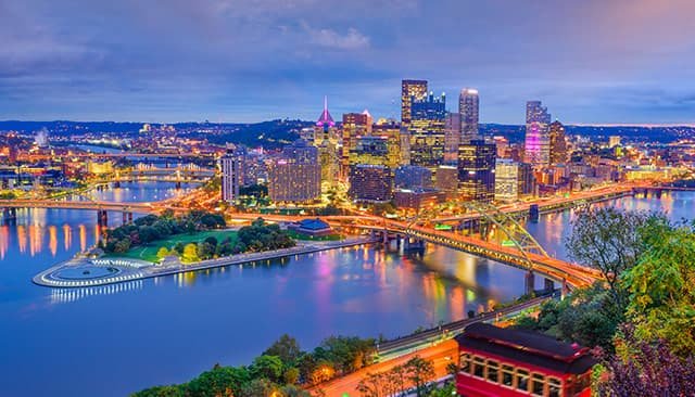 Nighttime photo of the point in Pittsburgh